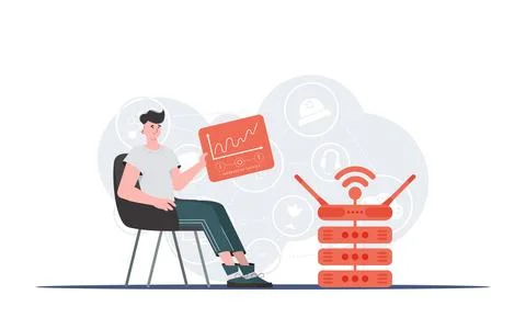Internet of things concept. A man sits in a chair and holds a panel with an.. Stock Illustration