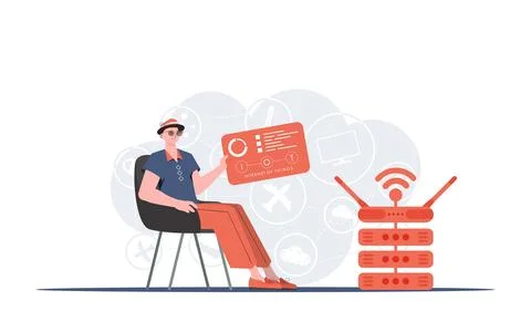 Internet of things concept. A man sits in a chair and holds a panel with an.. 스톡 일러스트