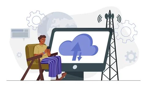 Internet things concept. Man with smartphone near computer with cloud files イラスト素材