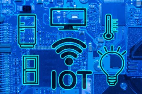 INTERNET OF THINGS CONCEPTS ON ELECTRONIC BOARD BACKGROUND Stock Illustration