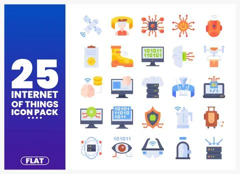 Internet of Things flat icons in a grid on a blue and purple background. Stock Illustration