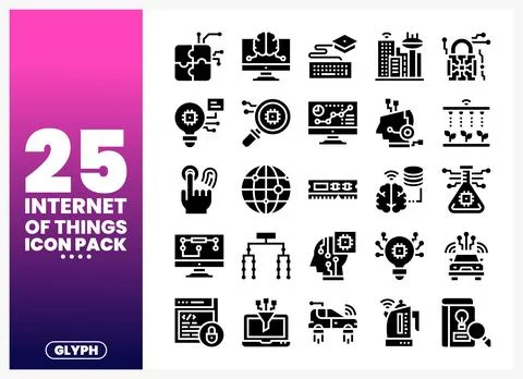 Internet of Things glyph icons displayed in a grid on a gradient background Stock Illustration