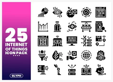 Internet of Things glyph icons presented on a white background with a pink-.. Stock Illustration