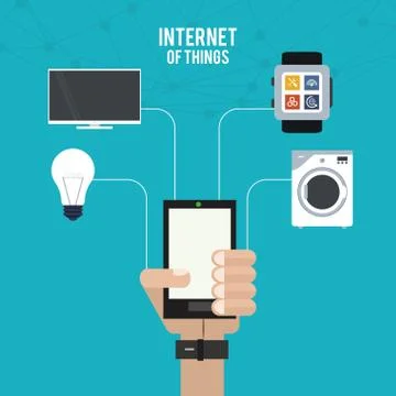Internet of things hand with smartphone work home tv bulb innovation Stock Illustration