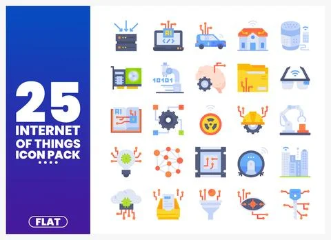 Internet of Things icon pack with flat graphics including AI. smart home an.. Stock Illustration