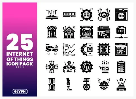 Internet of Things icon pack with glyph illustrations. Technology. AI. data.. Stock Illustration