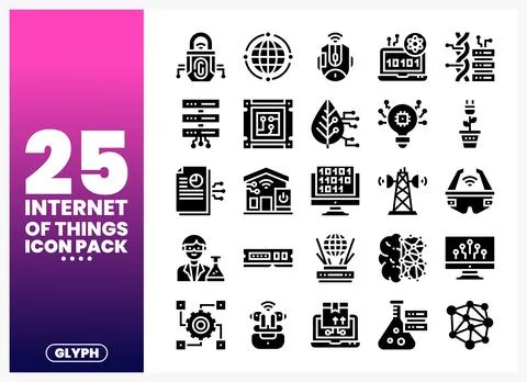 Internet of Things icon pack with glyphs representing connectivity and tech.. Stock Illustration