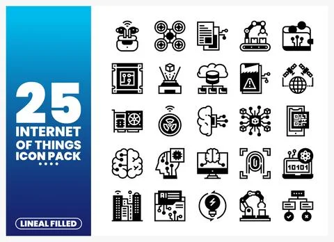 Internet of Things icon pack with lineal filled technology symbols on a blu.. Stock Illustration