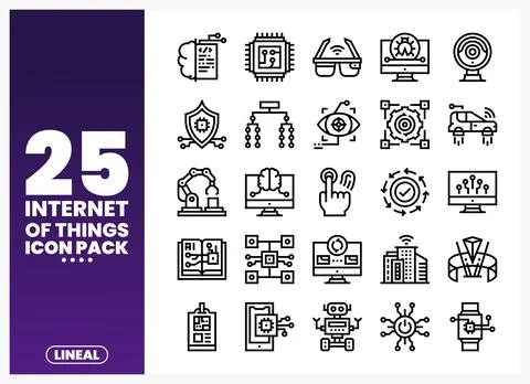 Internet of Things icon pack with lineal graphics featuring technology and .. Stock Illustration