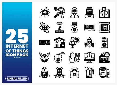 Internet of Things icon pack with technology symbols including AI. cloud. a.. Illustrazione stock