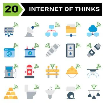 Internet of things icon set include server, database, internet of things, sat Stock Illustration