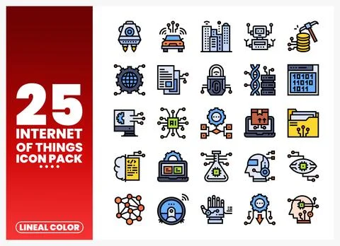 Internet of Things icons arranged on a grid with technology symbols and fut.. Stock Illustration