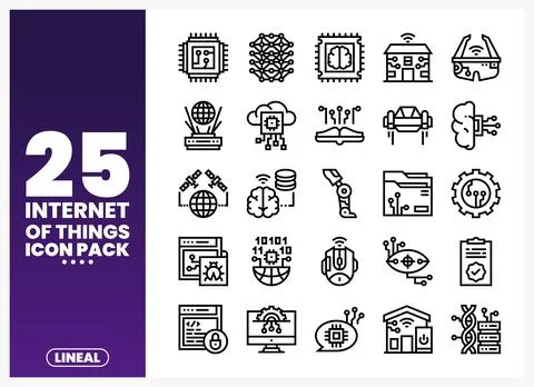 Internet of Things icons displayed in a grid format on a purple gradient ba.. Illustrazione stock