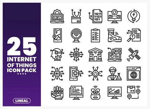 Internet of Things icons in a flat. linear style on a purple background. Stock Illustration