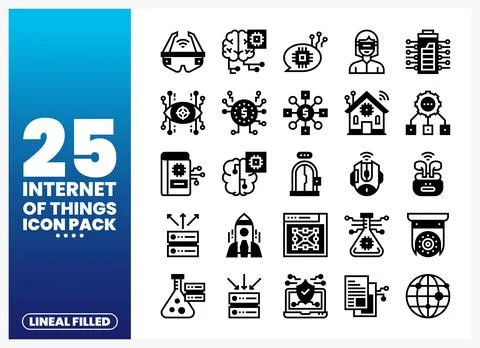 Internet of Things icons in a grid format on a blue and white background. Stock Illustration