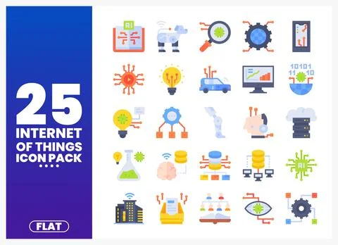 Internet of Things icons pack with AI and connectivity symbols Stock Illustration