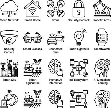Internet of Things IoT and Artificial Intelligence AI Technology Line Icons.. Stock Illustration