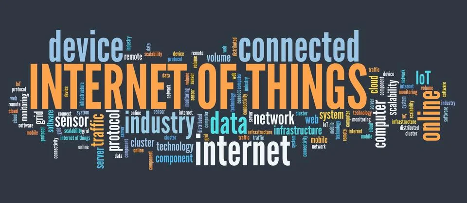 Internet of Things (IoT) - online connected devices technology. Word cloud co 库存插图