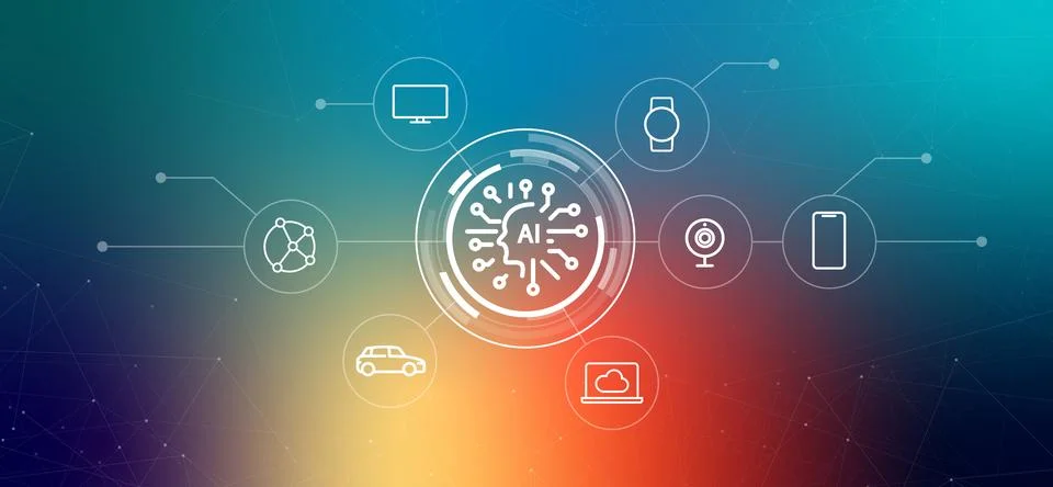 Internet of Things IoT powered by AI artificial intelligence devices all Stock Illustration