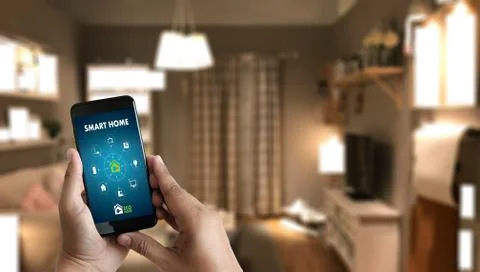Internet of things   iot  Remote home control to modern living room system on Stock Photos