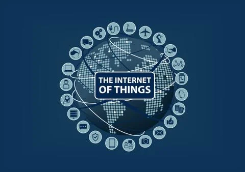 Internet of Things (IoT) word and icons with globe and dotted world map. Stock Illustration