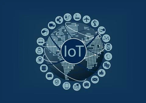 Internet of Things (IoT) word and icons with globe and dotted world map. Stock Illustration