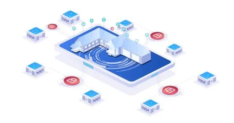 Internet of things isometric poster with smart house on screen of smartphone Stock Illustration