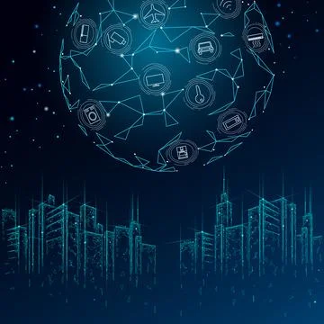 Internet of things low poly smart city 3D wire mesh. Intelligent building Ilustración de archivo