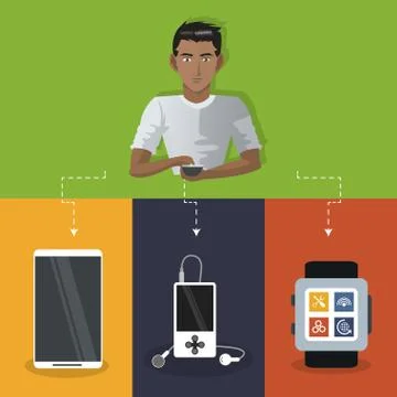 Internet things man with smartphone smart watch mp3 mobile Stock Illustration