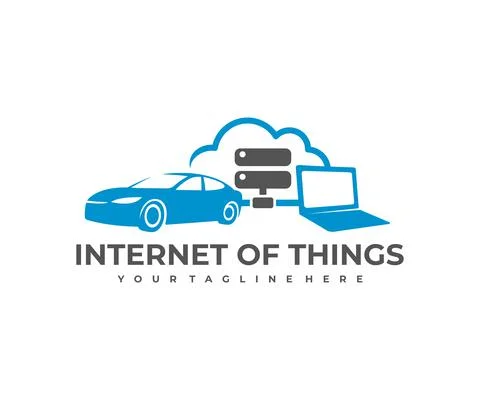 Internet of things or IoT, cloud server, car and laptop, logo design Stock Illustration