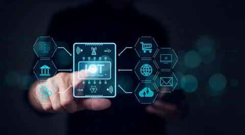 Internet of Things or IOT technology concept. businessman hand touch IOT. Stock Photos