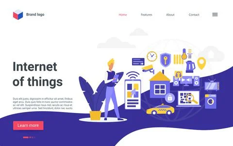 Internet of things technology landing page, smart home control system, iot Stock Illustration