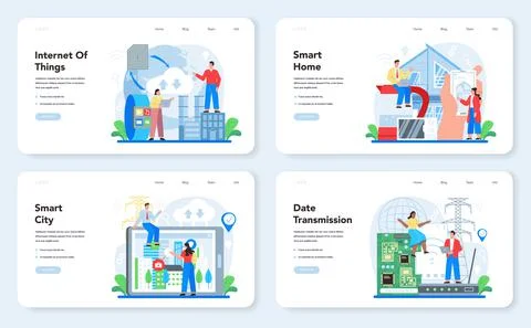 Internet of things web banner or landing page set. Idea of smart wireless Stock Illustration