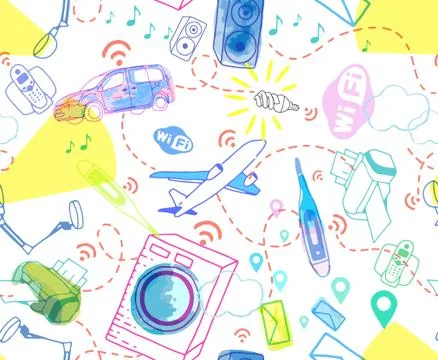 Internet of things wifi bluetooth connected appliances seamless pattern Illustrazione stock