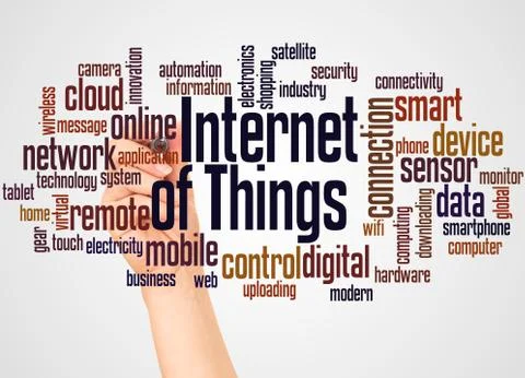 Internet of Things word cloud and hand with marker concept Stock Photos