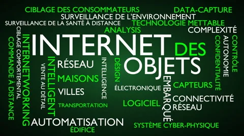 Internet of things word tag cloud - green, French variant 스톡 동영상 67702400