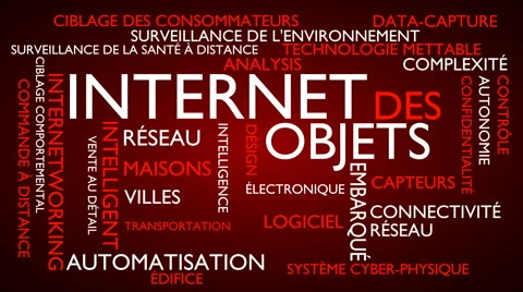Internet of things word tag cloud - red, French variant Stock Footage 67717378