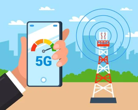 Internet tower distributes 5G Internet. Checking the speed of the Internet on a Stock Illustration