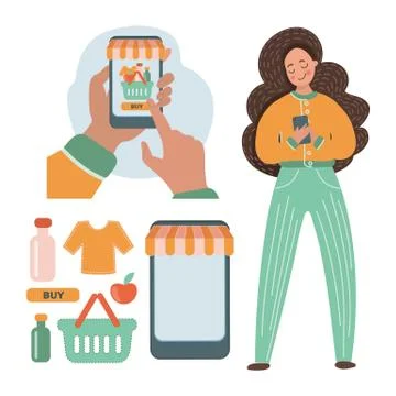 INTERNET TRADE DESIGNER Flat Vector Illustration Set About Online Grocery Shop Stock Illustration