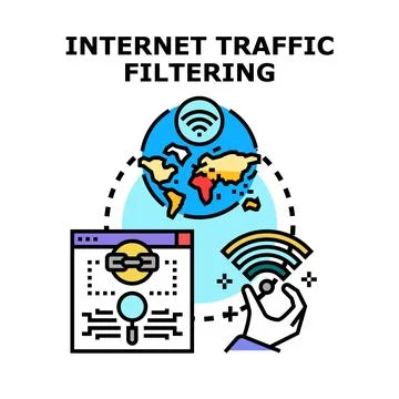 Internet traffic filtering concept protecting global data 库存插图
