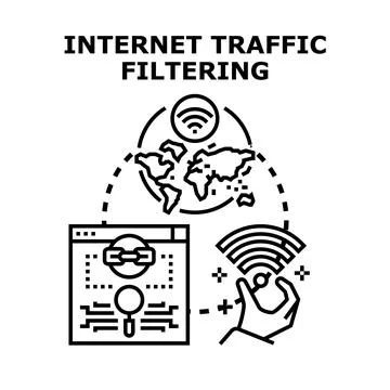 Internet traffic filtering concept protecting global data Illustrazione stock