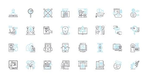 Internet training linear icons set. E-learning, Webinars, Online courses Illustrazione stock