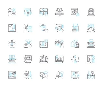 Internet training linear icons set. E-learning, Webinars, Online courses Illustrazione stock