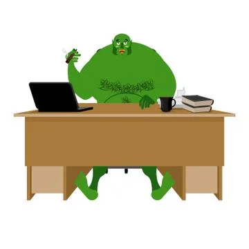 Internet troll. Big green goblin sits at laptop. Org and computer. Green Mo.. Stock Illustration