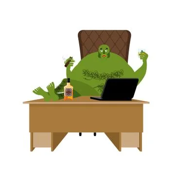 Internet troll. Big green goblin sits at laptop. Org and computer. Green Mo.. 스톡 일러스트