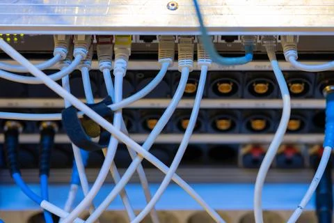 Internet utp or network cables plugged in a router or switch at a tv producti Stock Photos