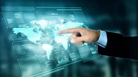  Internet virtual application screen Businessman accessing a global worldw... Stock Photos