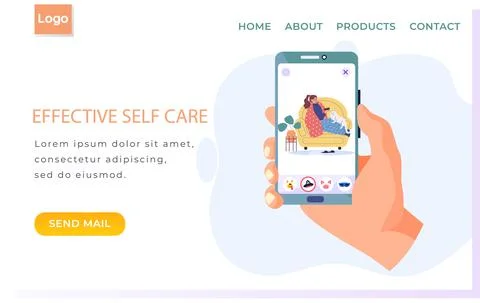 Internet website layout. Effective self care concept. Photo of girl wrapped in Illustrazione stock