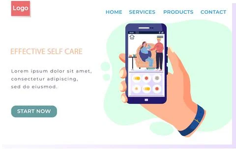 Internet website layout. Effective self care concept. Photo of guy giving pills Stock Illustration