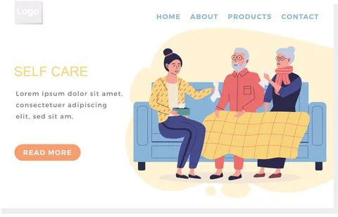 Internet website layout. Self care concept. Woman helping elderly sick couple in Ilustração Stock
